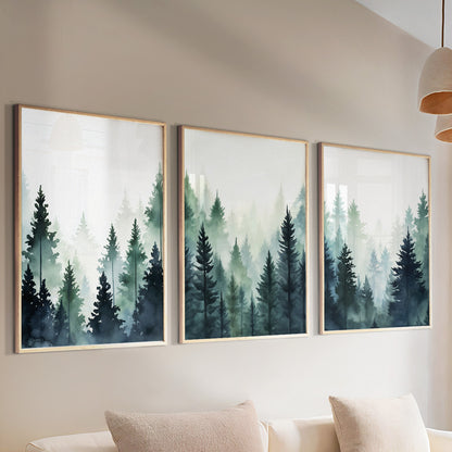 Foggy Pine Trees and Mountain Forest Set of 3 Prints – Nature Wall Art for Aesthetic Room Decor