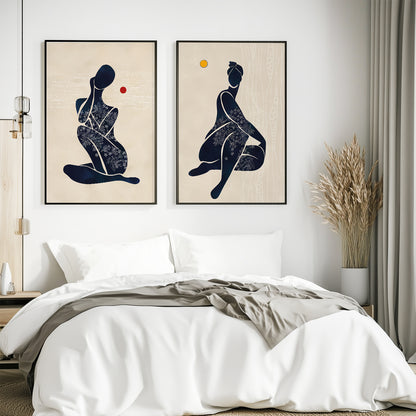 Abstract African American woman portrait set – modern neutral art prints, minimalist above bed wall decor