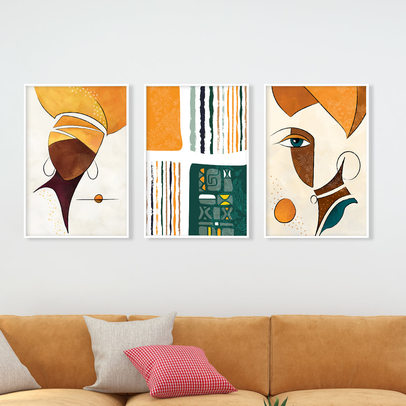 Abstract African art gallery wall set, 3 colorful ethnic women prints for aesthetic home and room decor