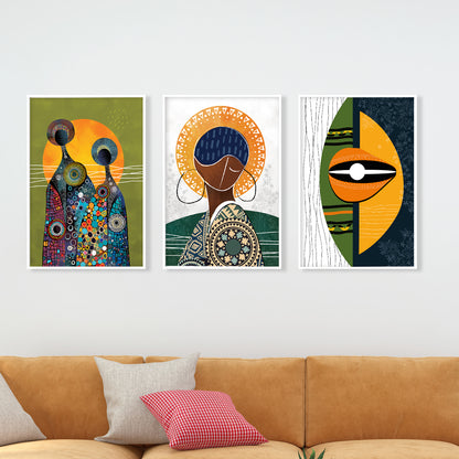 Ethnic women gallery wall set of 3, vibrant abstract African American art prints for modern home gift