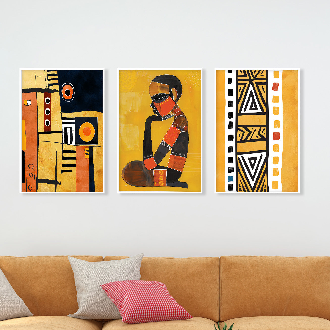 Set of 3 mustard abstract African art prints, modern ethnic wall art for vibrant living room or gallery