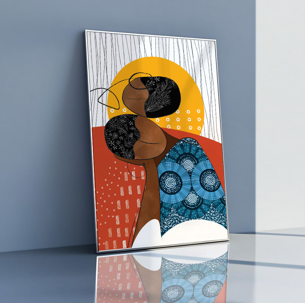 Bright abstract art of black woman with yellow sun, aesthetic minimalist print for bedroom