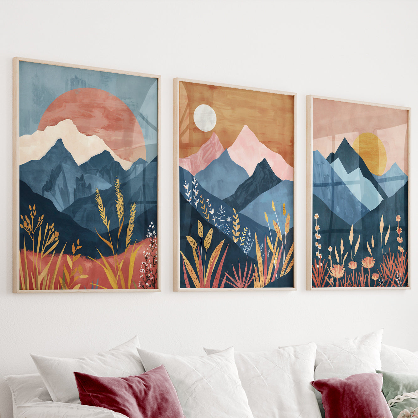 Colorful Boho Mountain Wall Art Set – Mid Century Modern Home Decor Prints