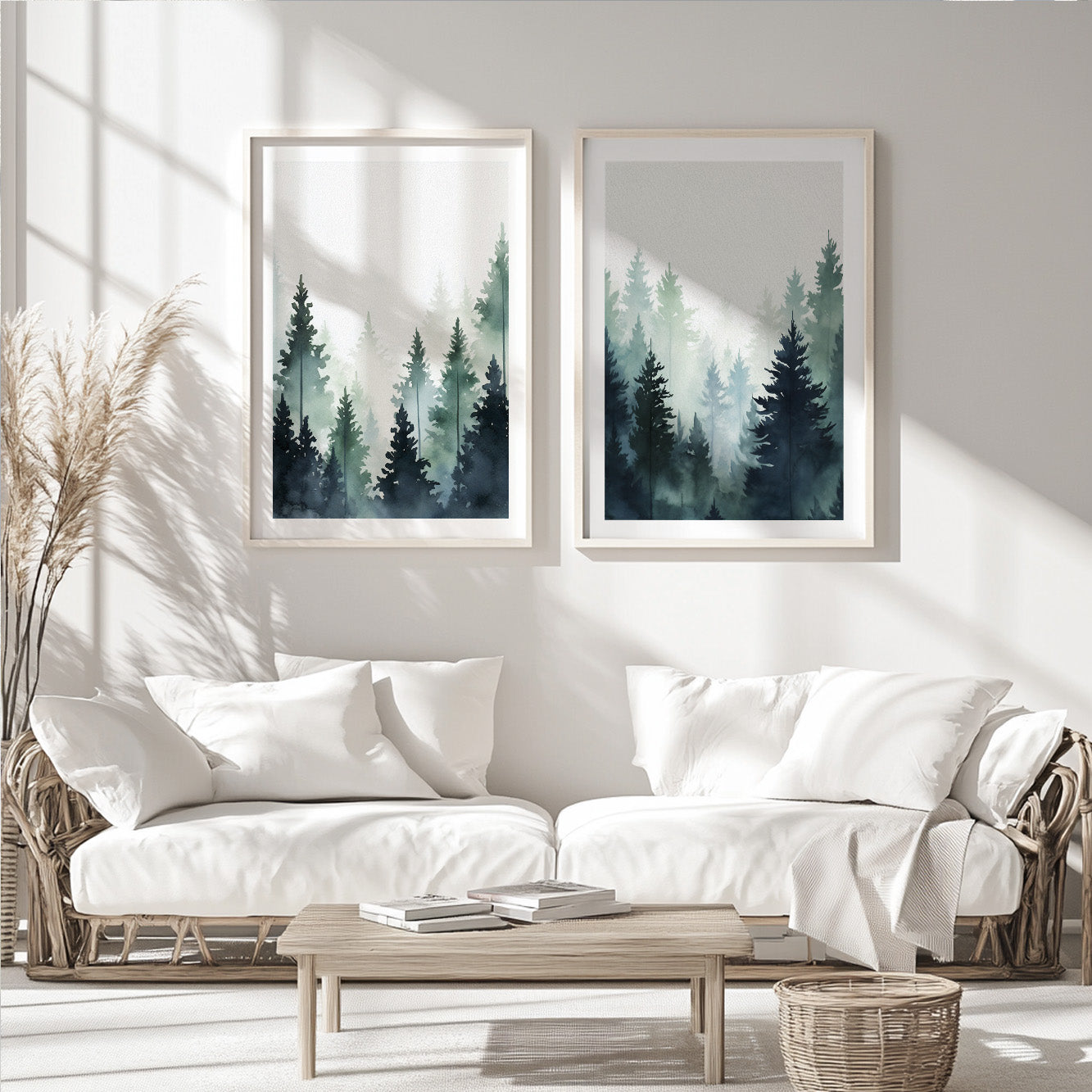 Nordic Pine Tree Landscape Prints – Set of 2 Modern Nature Wall Art