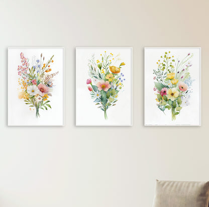 Set of 3 Pastel Flower Bouquet Wall Art Prints – Soft Botanical Watercolor Posters for Feminine, Romantic or Cottagecore Interiors