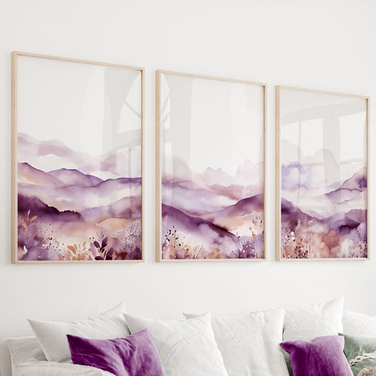 Purple Minimalist Mountain Set of 3 Prints – Modern Watercolor Landscape Gallery Wall Art in Lilac