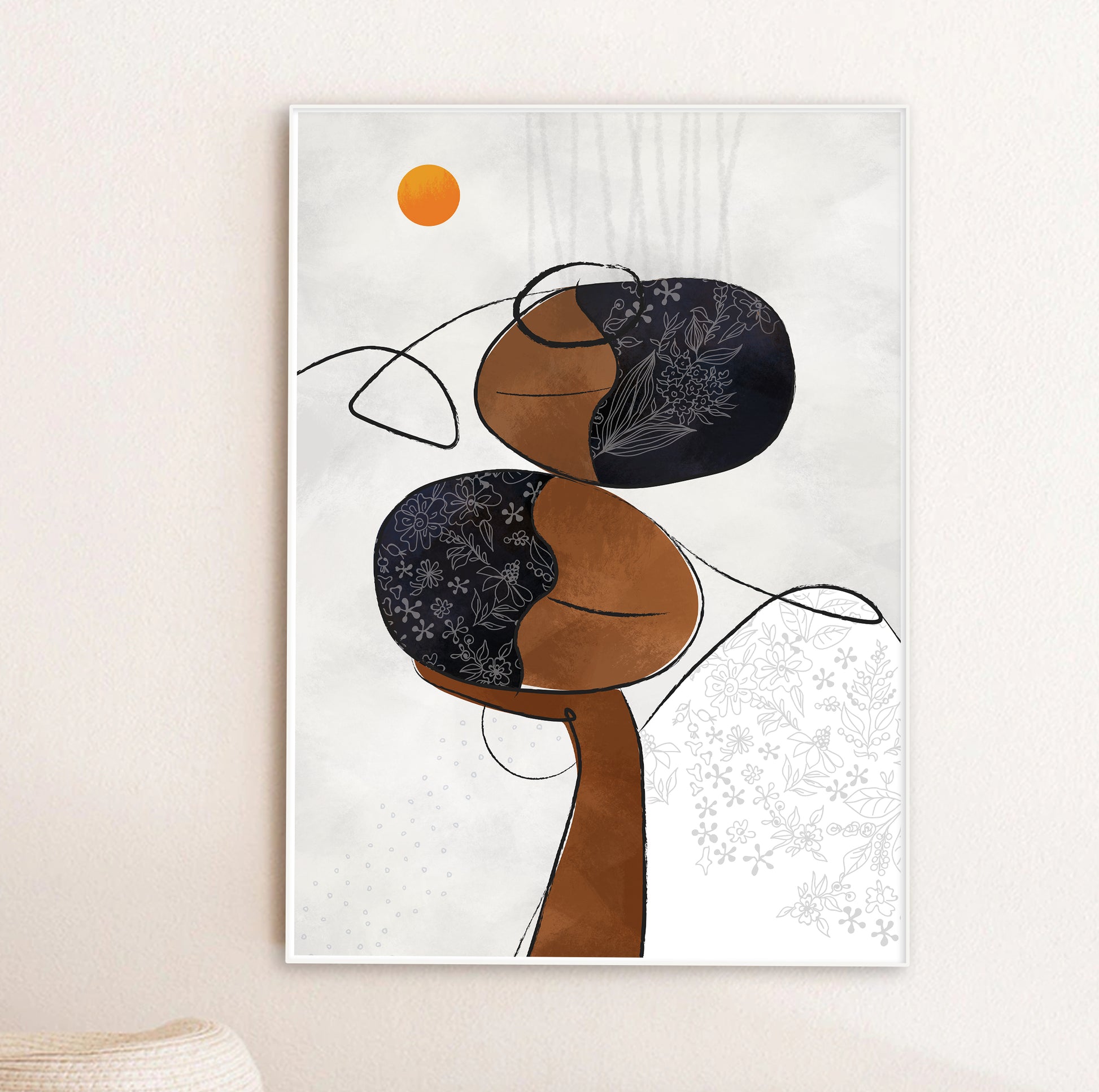 Neutral tones African art print – contemporary abstract black woman portrait, minimalist home decor