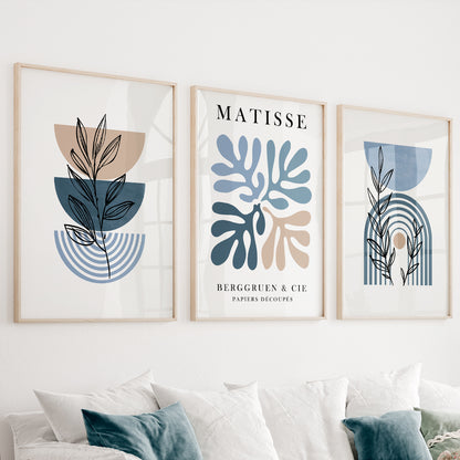 Set of 3 Matisse wall art. Mid century modern neutral above bed art. Trendy botanical print, large gallery wall set for living room, bedroom