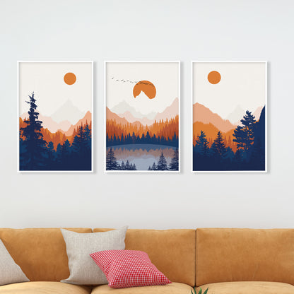 Modern 3-Piece Abstract Mountain Wall Art Set – Orange and Blue Minimalist Landscape Prints