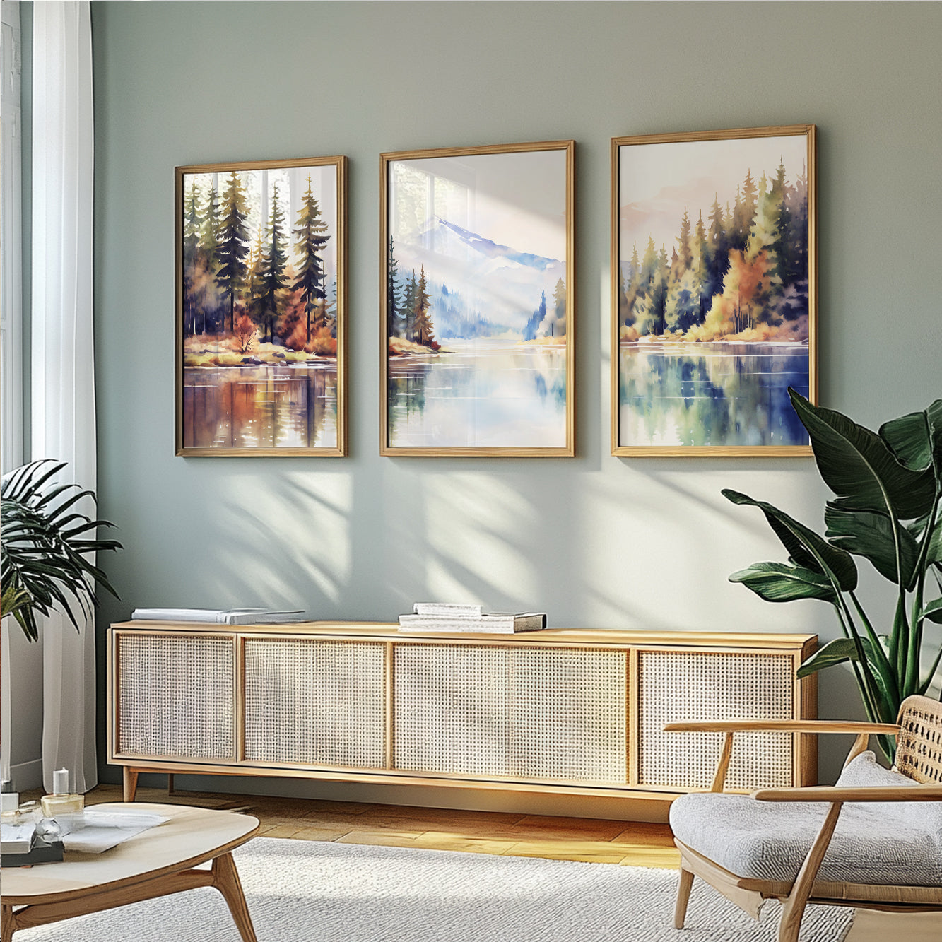 Neutral Mountain Lake and Forest Landscape Set of 3 Prints – Nordic Aesthetic Room Decor