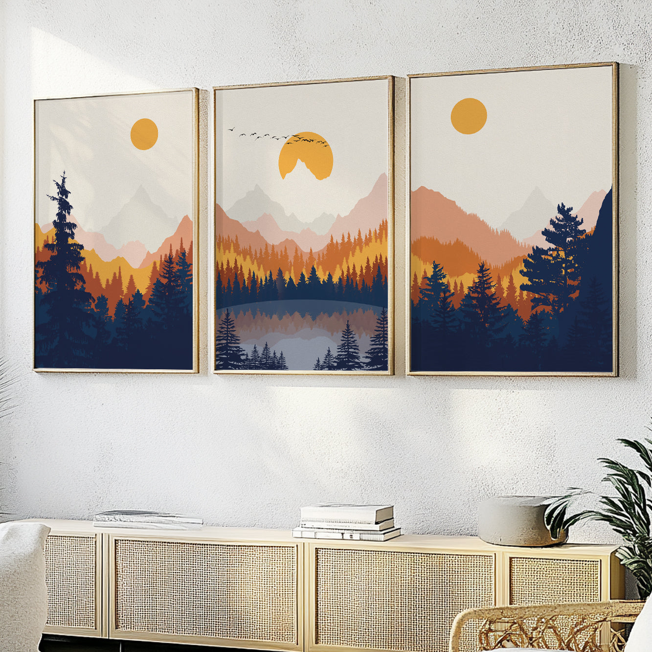 Terracotta and Navy Blue Mountain Wall Art Set – 3 Prints of Minimalist Landscape Posters, Nature Gallery Wall