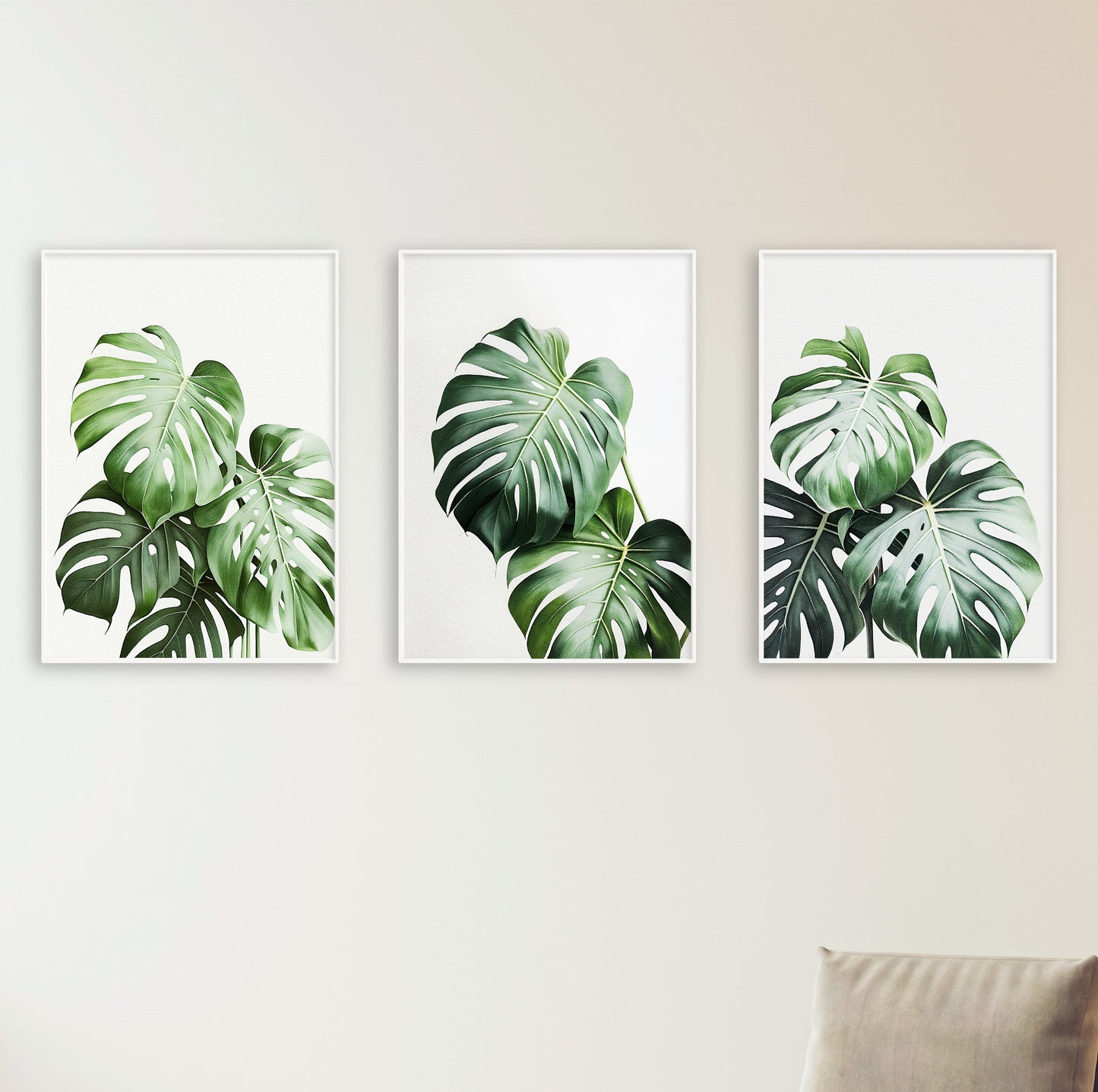 Set of 3 Monstera Leaf Botanical Wall Art Prints – Tropical Green Minimalist Plant Posters for Modern Jungle or Nature-Themed Decor (USA)
