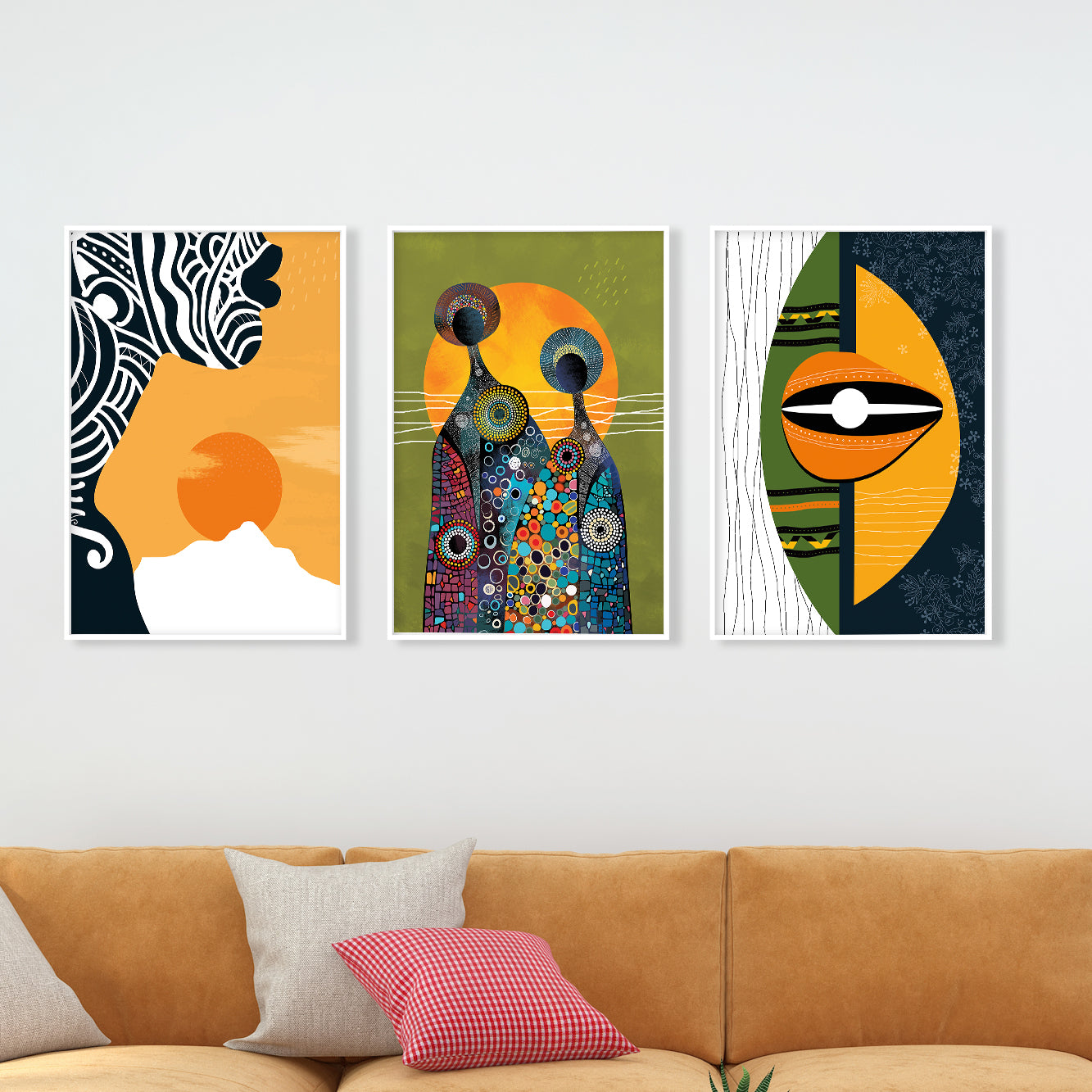 Set of 3 bright abstract African art prints, tribal black woman portraits for modern decor