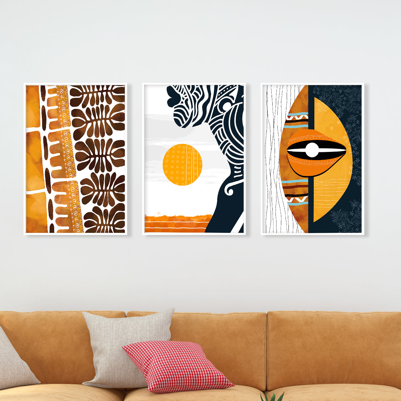 Ethnic African abstract art prints set of 3, modern black woman portraits for gallery wall