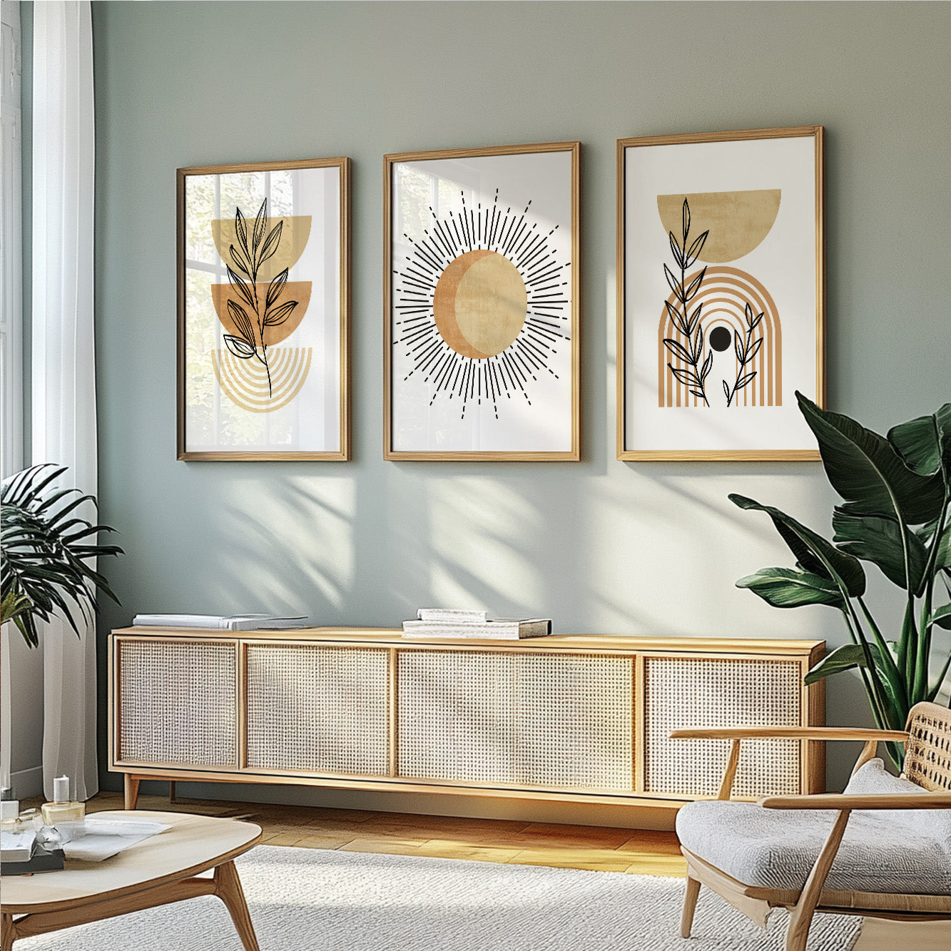 Terracotta beige boho wall art set of 3 print. Mid century modern wall art posters. Neutral above bed art, large gallery wall set