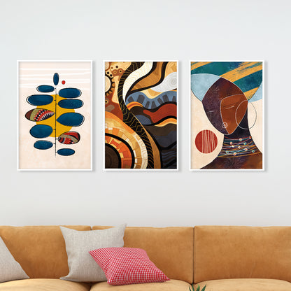 Modern African American art set of 3, abstract black woman portraits for colorful gallery wall decor