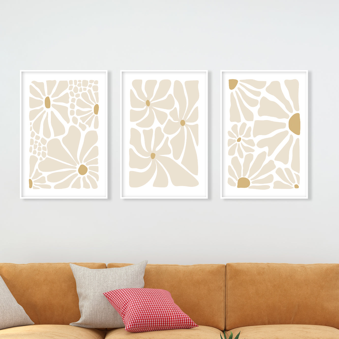 Neutral Beige Flower Set of 3 – Minimalist Mid-Century Vintage Art