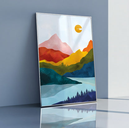 Scandinavian Vibrant Abstract Mountain Art – Bold Nordic Landscape Painting