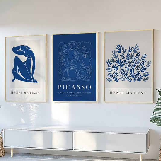 Navy blue Matisse and Picasso print, set of 3 livingroom posters.