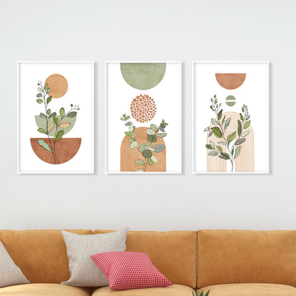 Terracotta green boho gallery wall set of 3. Mid century modern neutral wall art poster. Bohemian livingroom, above bed large prints