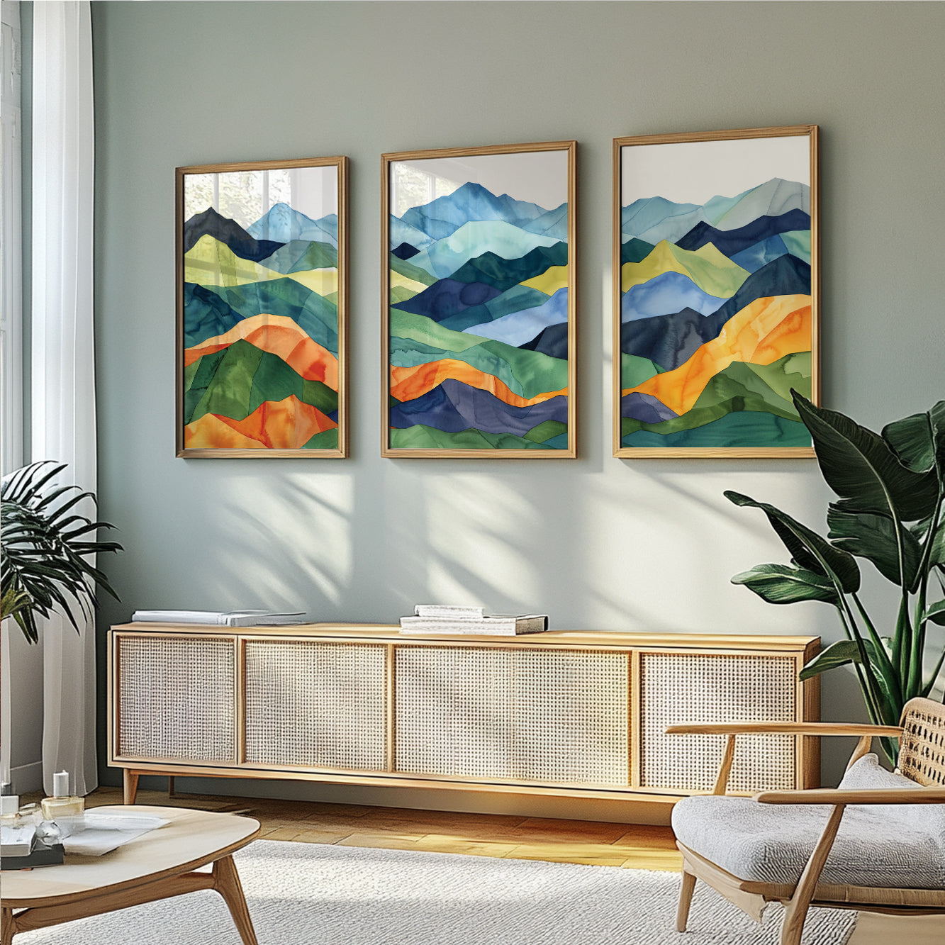 Mid Century Modern Colorful Mountain Wall Art – Set of 3 Abstract Paintings for Large Room Decor