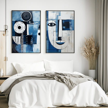 Set of 2 Navy Blue African American Art – Minimalist Male Portraits