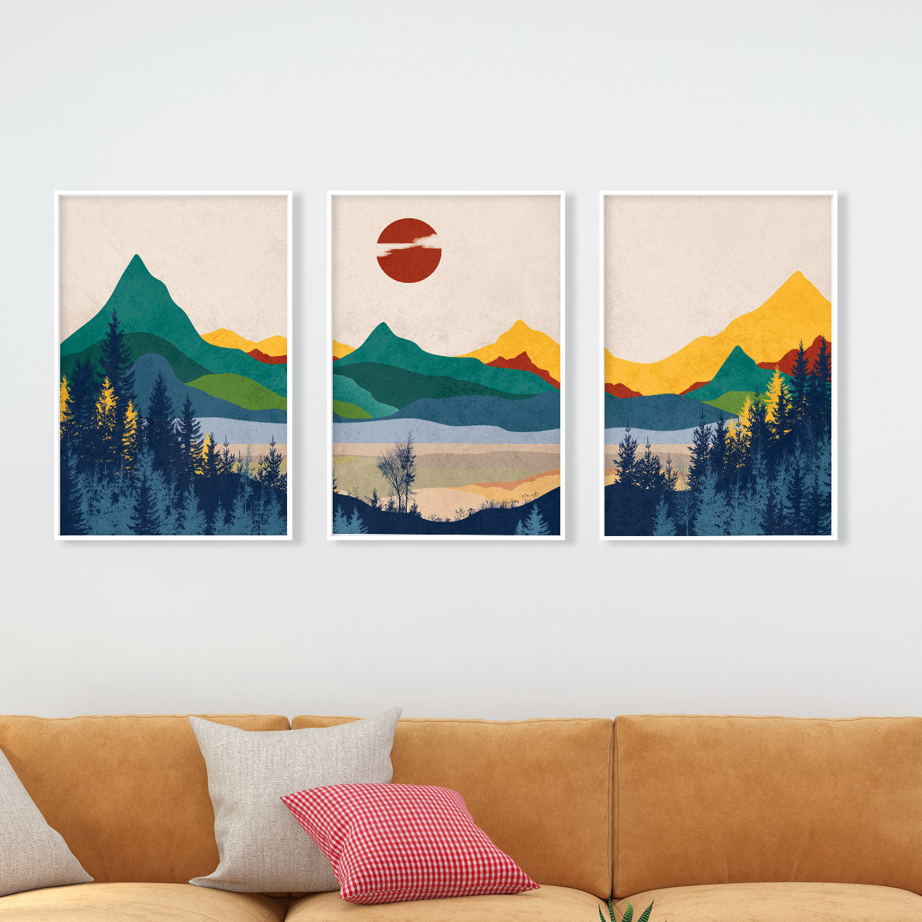 Boho Colorful Abstract Mountain Prints Set of 3 – Minimalist Modern Landscape Poster for Home Decor