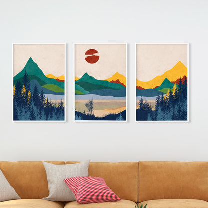 Boho Colorful Abstract Mountain Prints Set of 3 – Minimalist Modern Landscape Poster for Home Decor