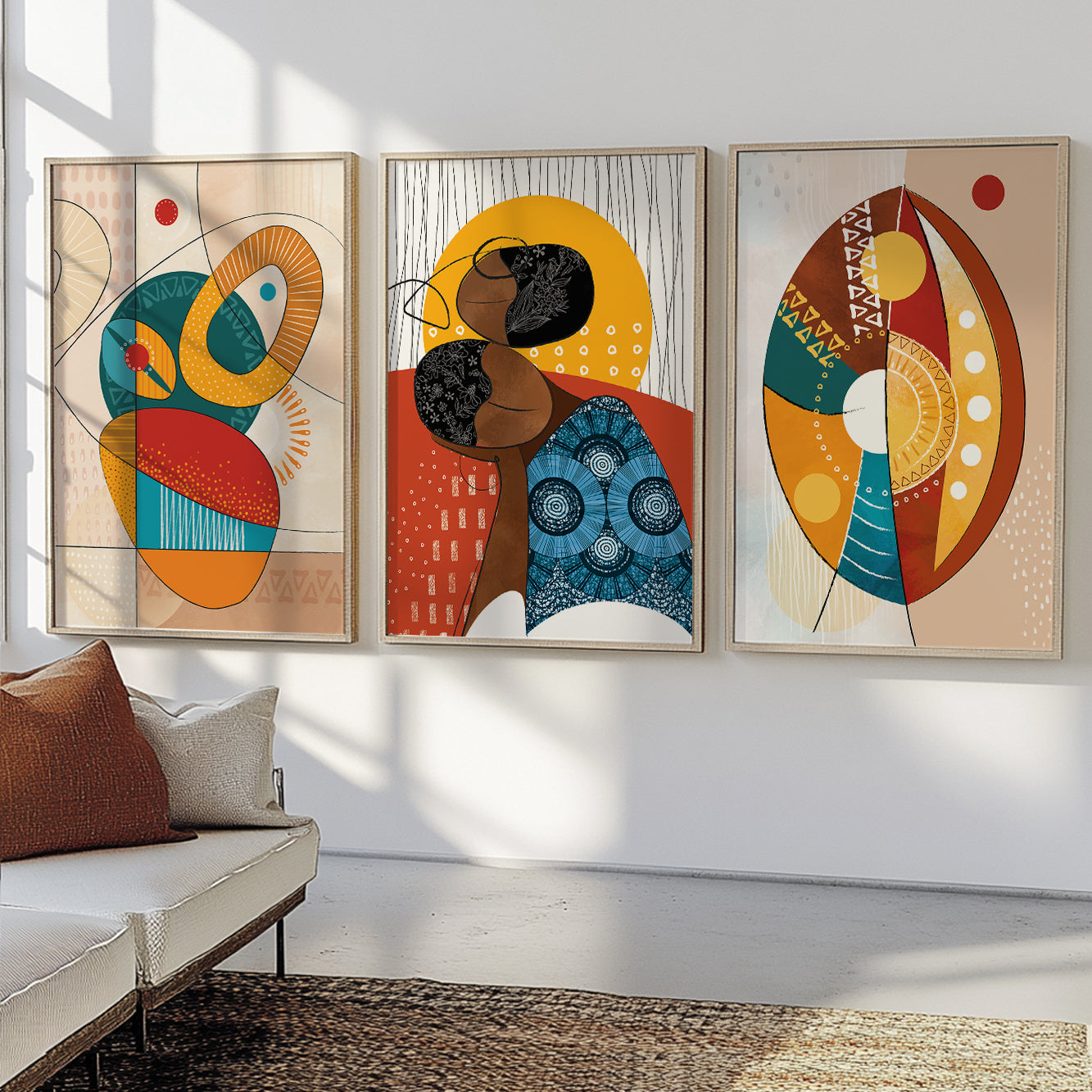 Abstract African art set of 3 prints, modern colorful black girl poster for stylish room decor