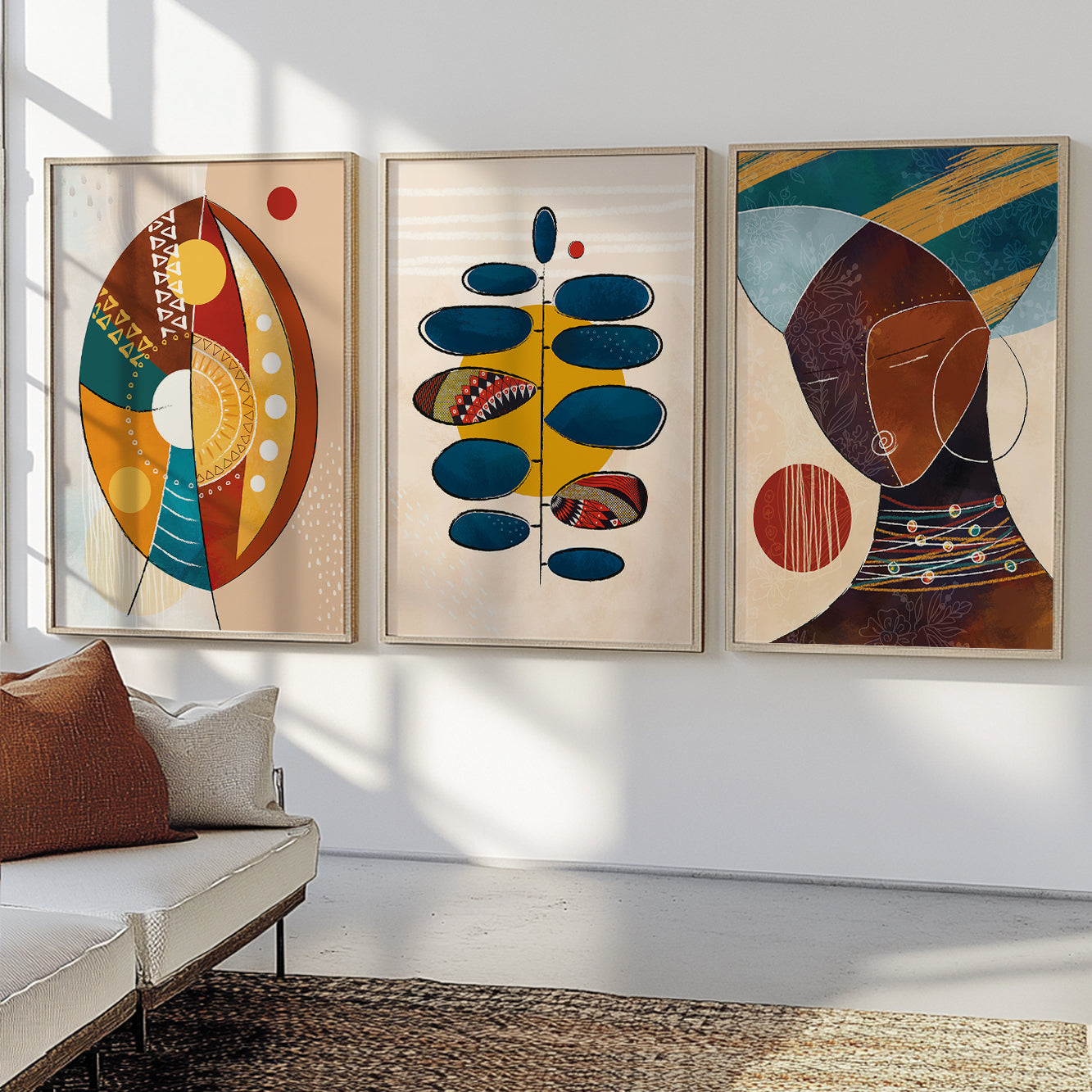 Contemporary African American art set, abstract black woman wall prints for large living room decor