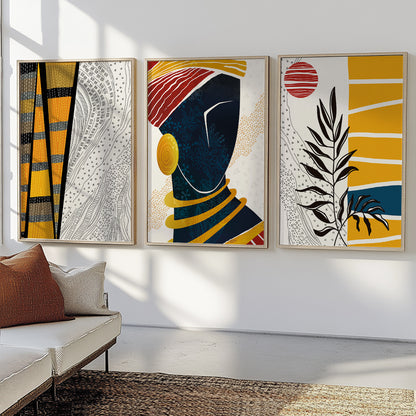 Abstract ethnic black woman art set – modern African American prints, bright minimalist girl face drawing, perfect home gift