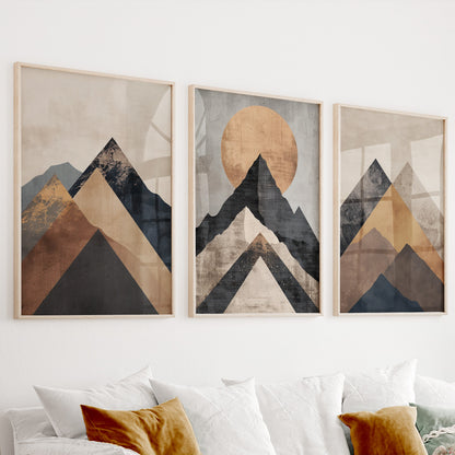 Neutral Terracotta Mountain Wall Art Set of 3 – Mid Century Modern Simple Urban Gallery Wall Decor