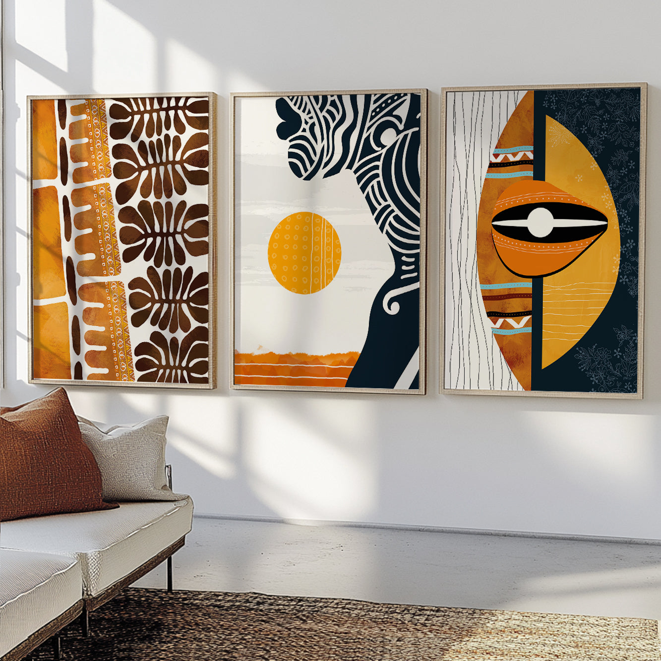 Set of 3 modern African wall art prints, abstract black woman portrait for minimalistic decor