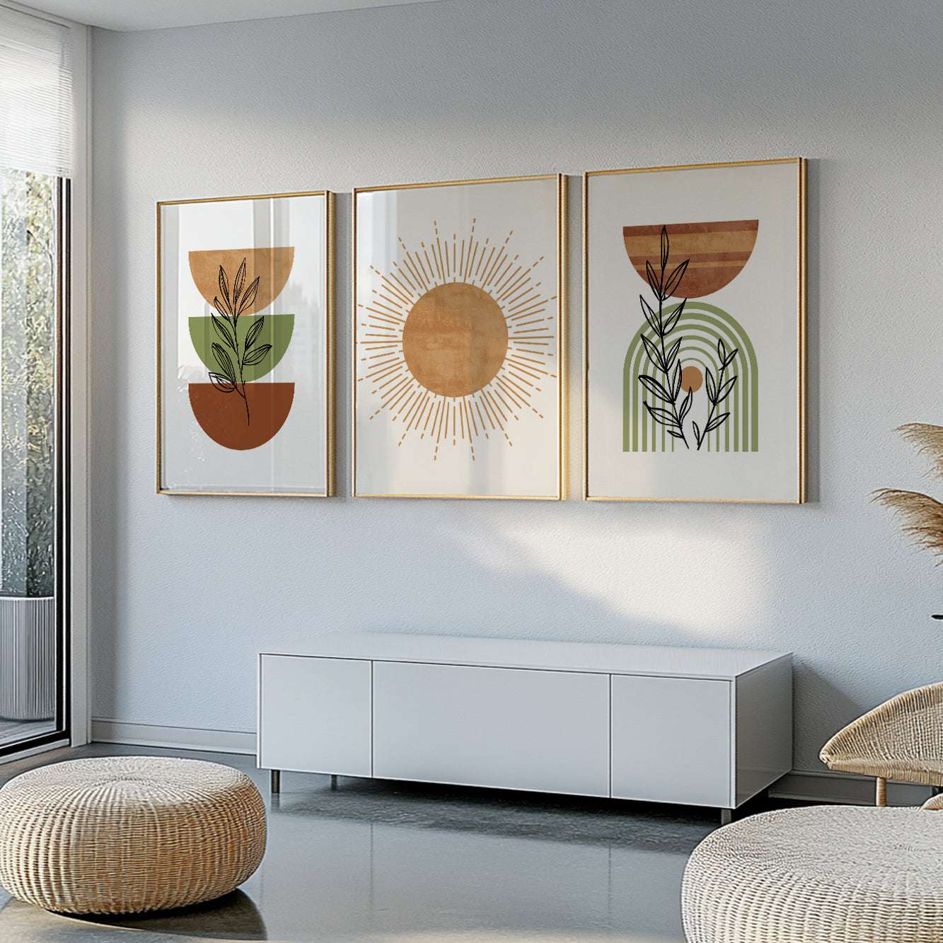 Terracotta green boho gallery wall set of 3. Mid century modern neutral gallery wall set poster. Bohemian livingroom, above bed large prints