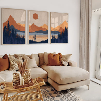 Mid Century Modern Bright Mountain Art Set – 3 Piece Terracotta Blue Minimalist Abstract Landscape Prints