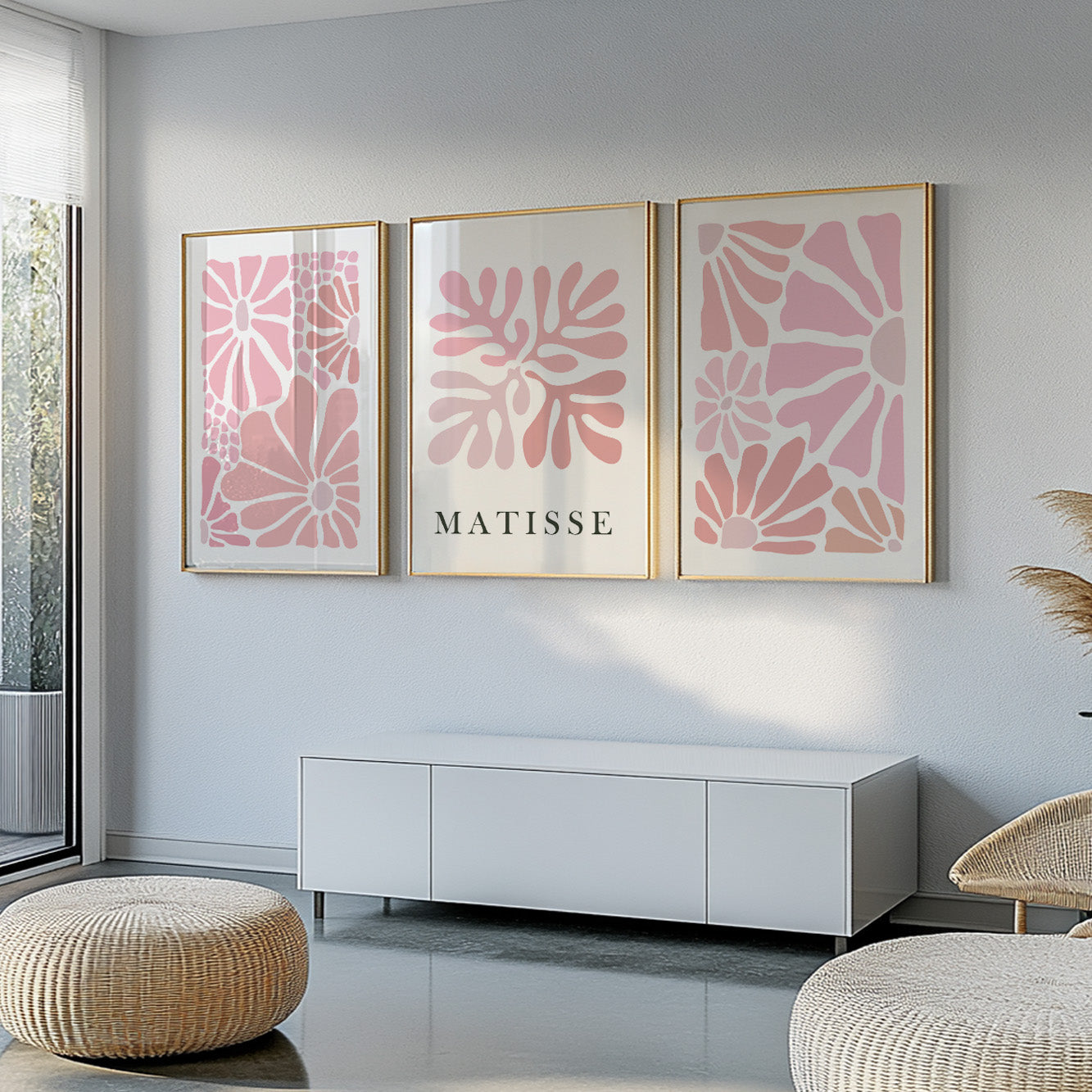 Abstract pink floral Matisse print set of 3. Neutral minimalist mid century gallery wall set, vintage trendy  poster set