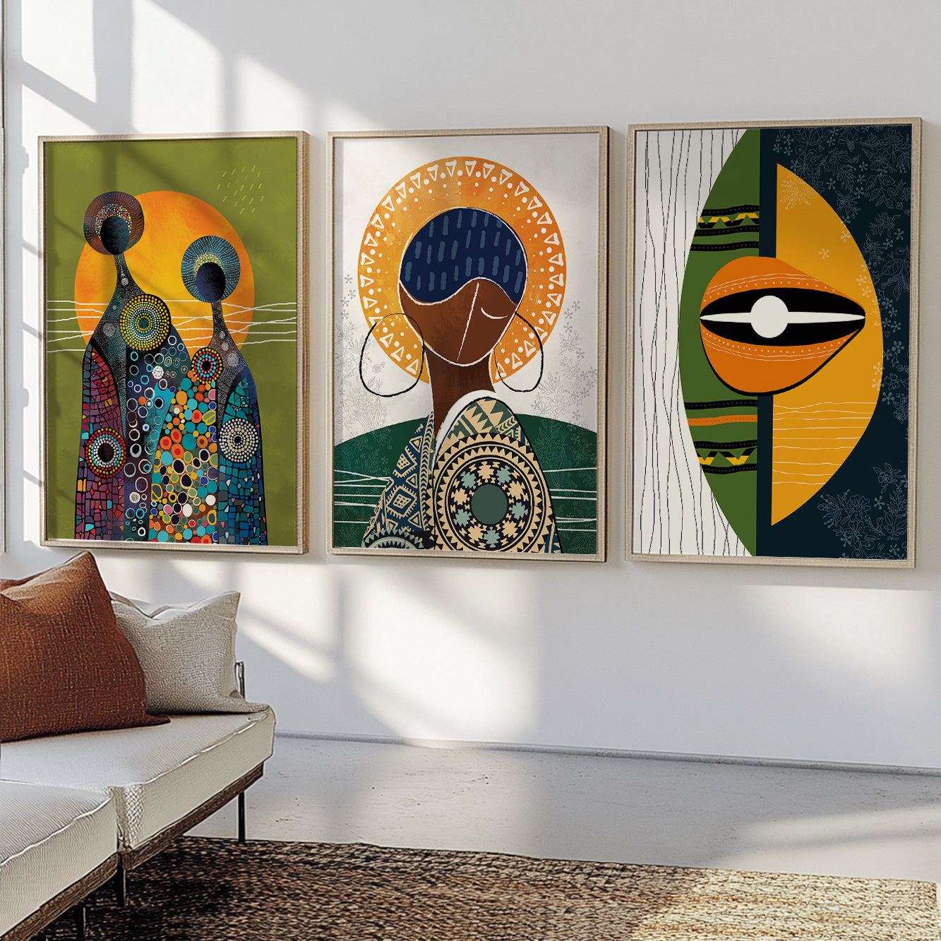 Colorful abstract African American art set of 3, ethnic women prints for vibrant minimalist apartment decor