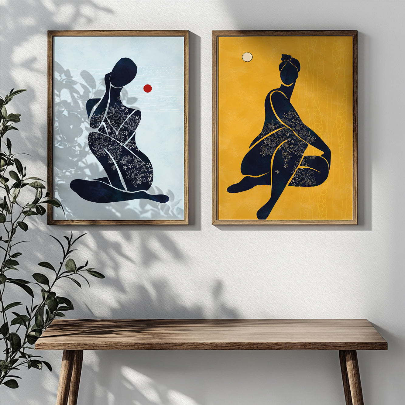 Modern African American art set of 2, minimalist black female prints for contemporary bedroom or living room