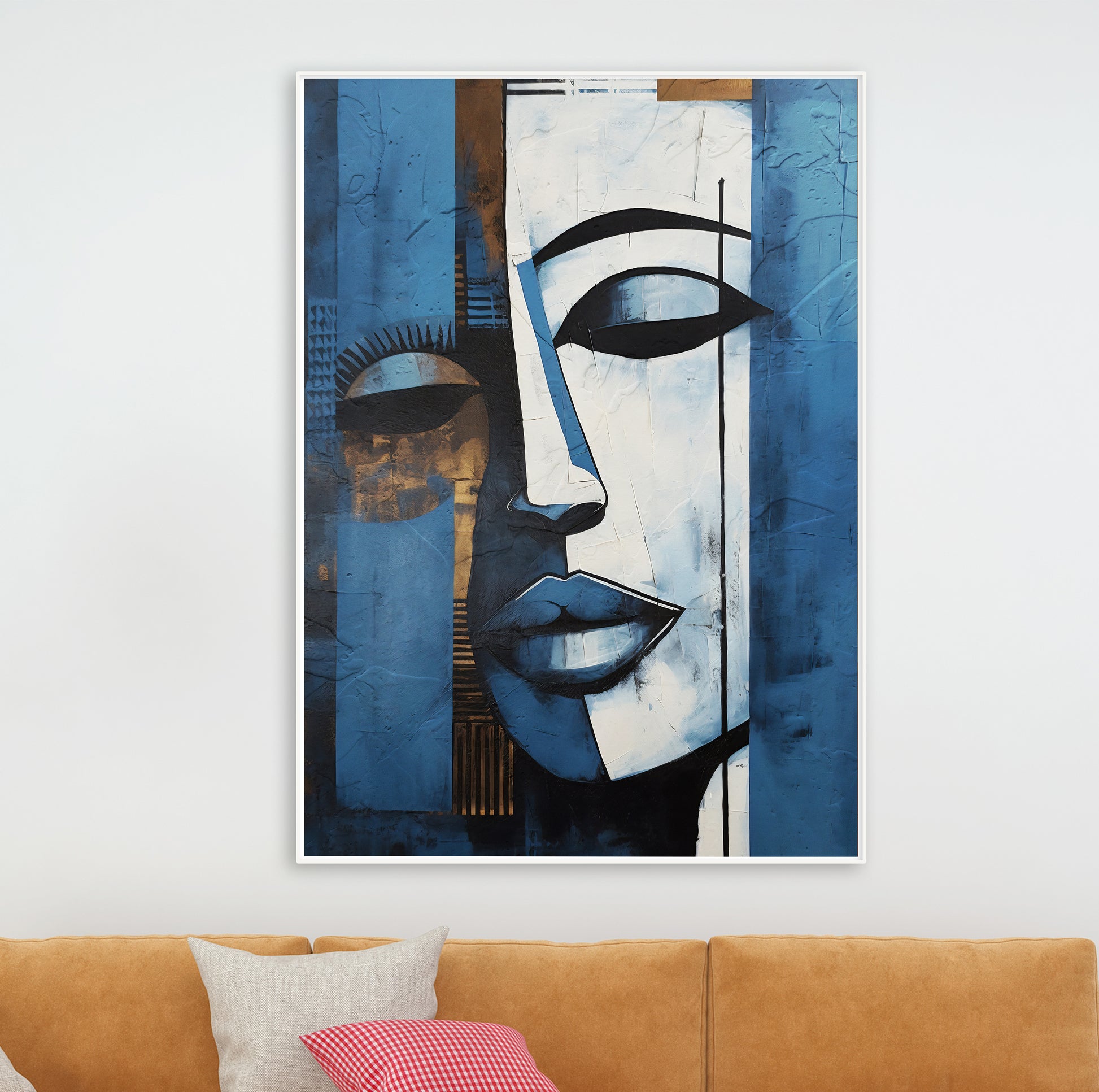 Abstract navy blue grey woman portrait – contemporary African American art print, minimalist room decor