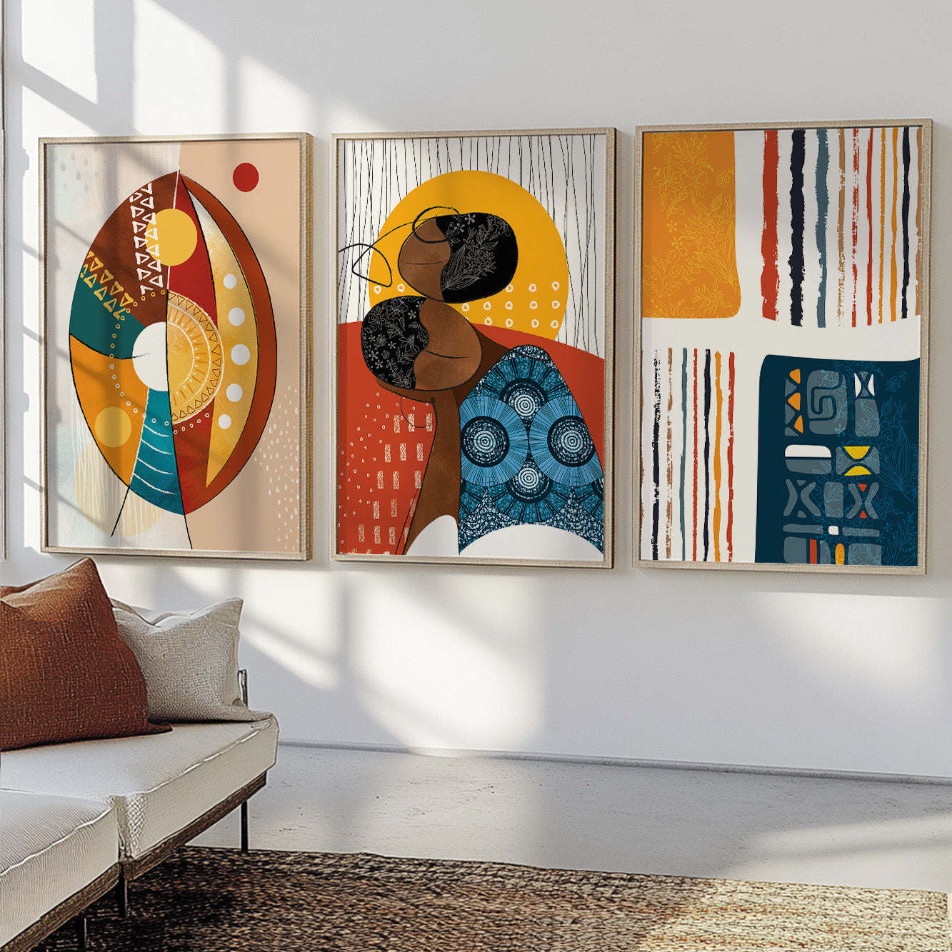 Set of 3 colorful abstract black woman prints, minimalist African American art for bedroom or living room wall