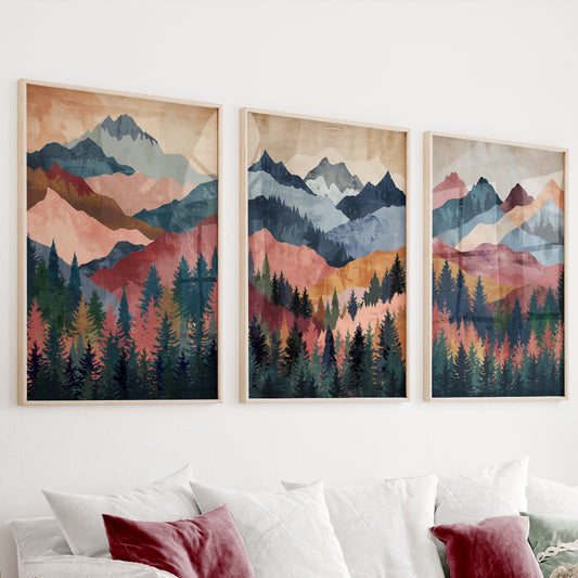 Colorful Mountain Wall Art Set of 3 – Nature Boho Gallery Prints