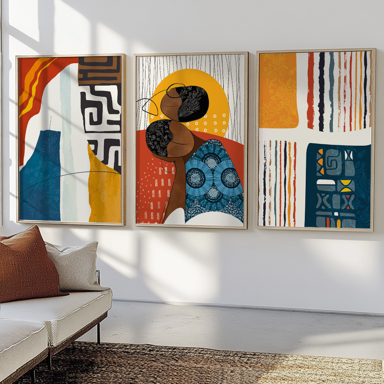 Abstract African American wall art set, 3-piece colorful minimalist prints for aesthetic interiors