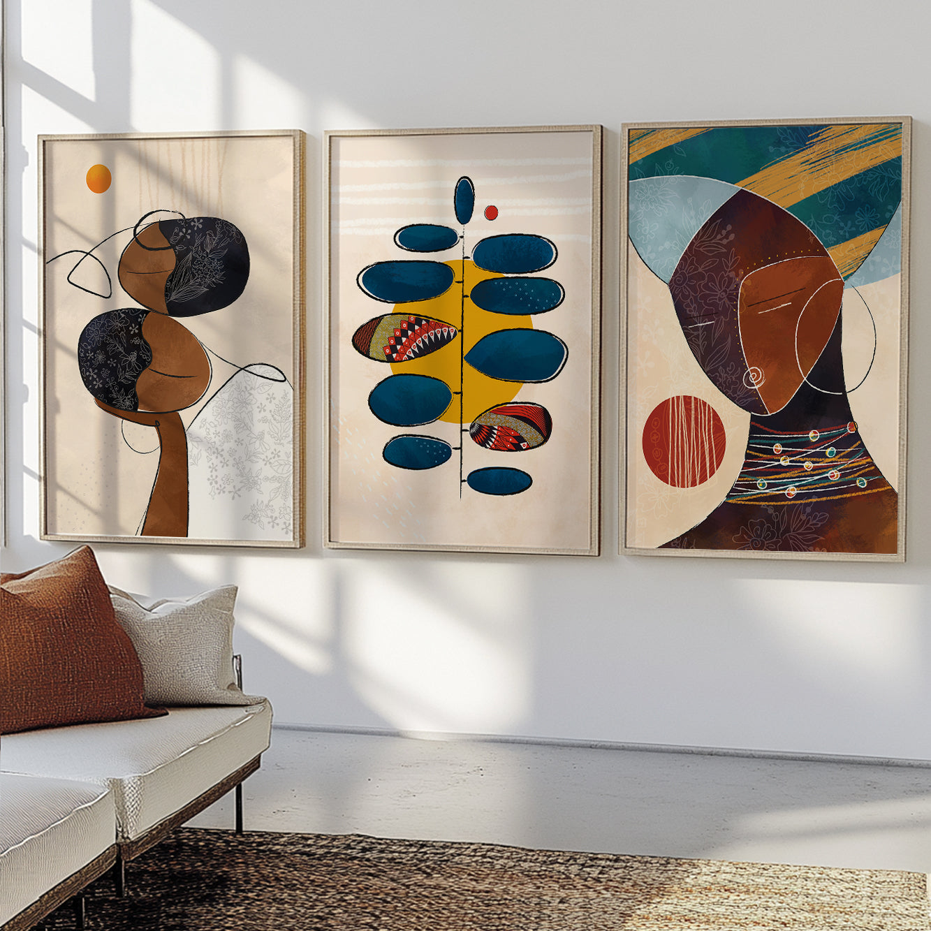 Abstract ethnic black couple portraits – colorful African American art set of 3, minimalist bedroom decor