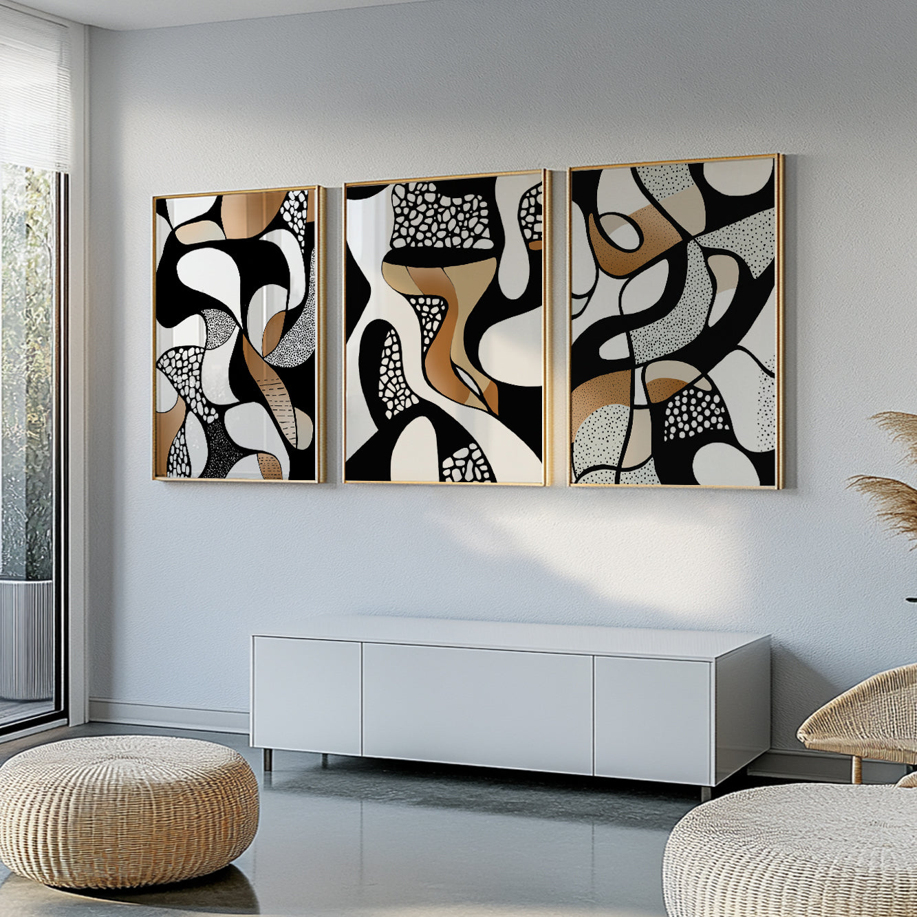 Abstrakte Wandkunst 3er Set – Geometrische nordische Schwarz-Weiß-Beige-Kunst