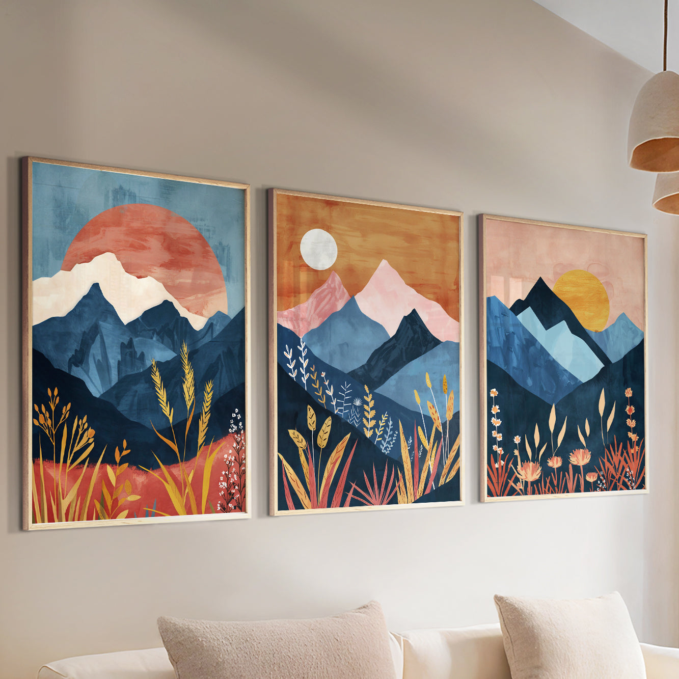 Mid Century Boho Mountain Wall Art Set of 3 Prints – Vibrant Room Decor