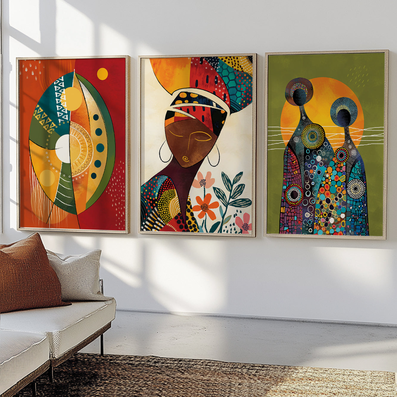 Set of 3 modern African American prints, abstract black woman portraits for contemporary home decor