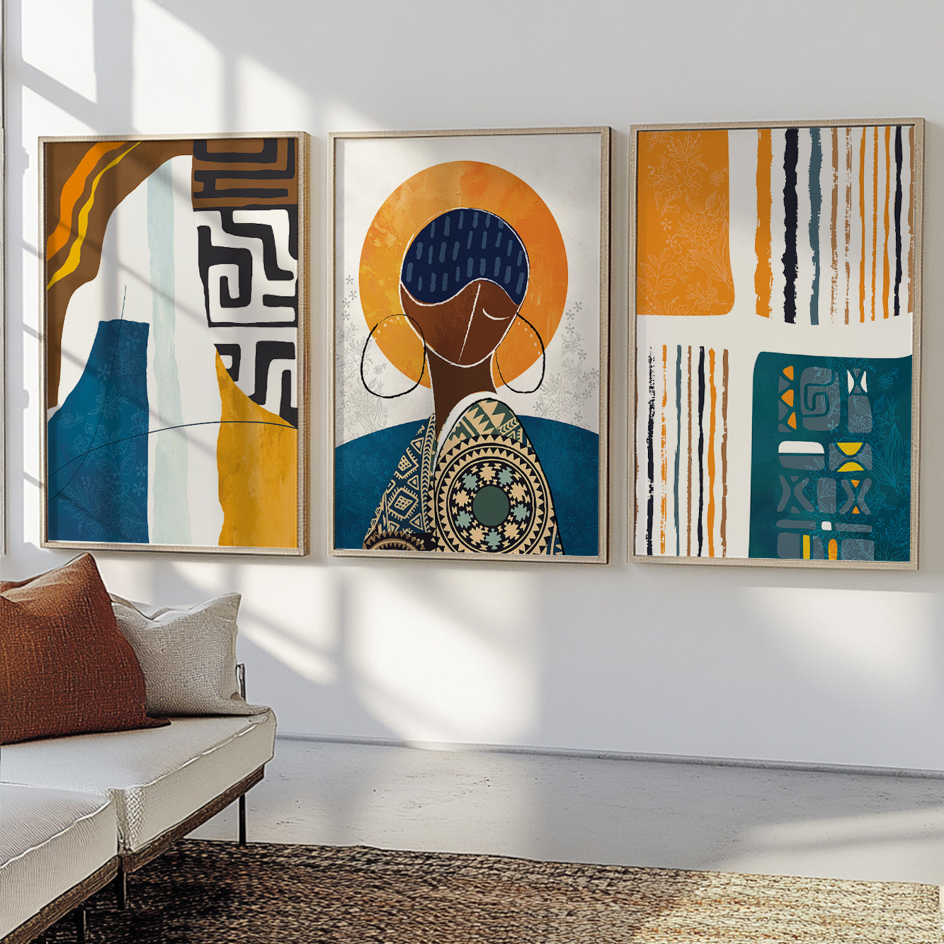 African American abstract wall art set of 3, colorful ethnic African prints for home and office