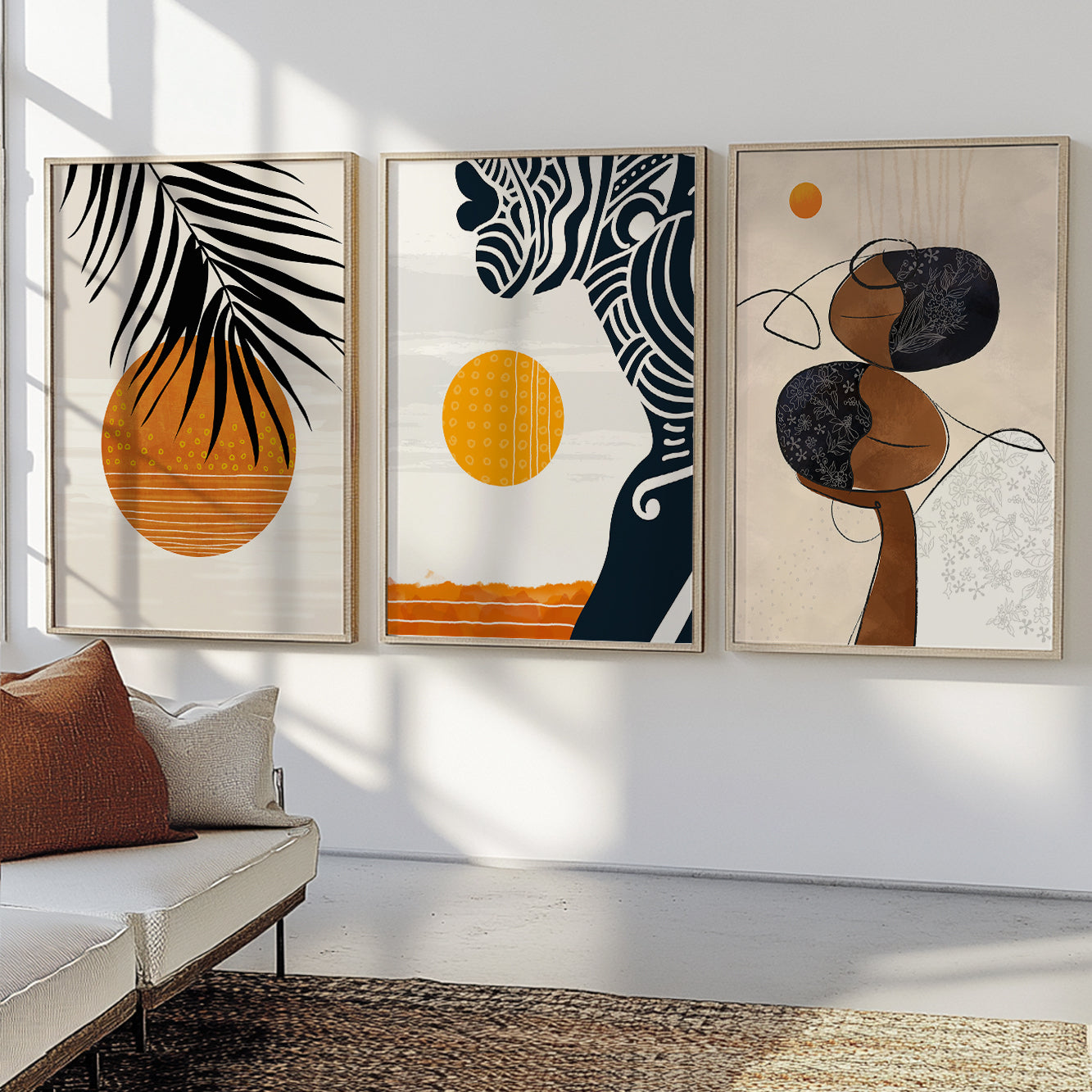 Modern abstract African wall art set of 3 – black woman portrait, aesthetic minimalist decor for your room