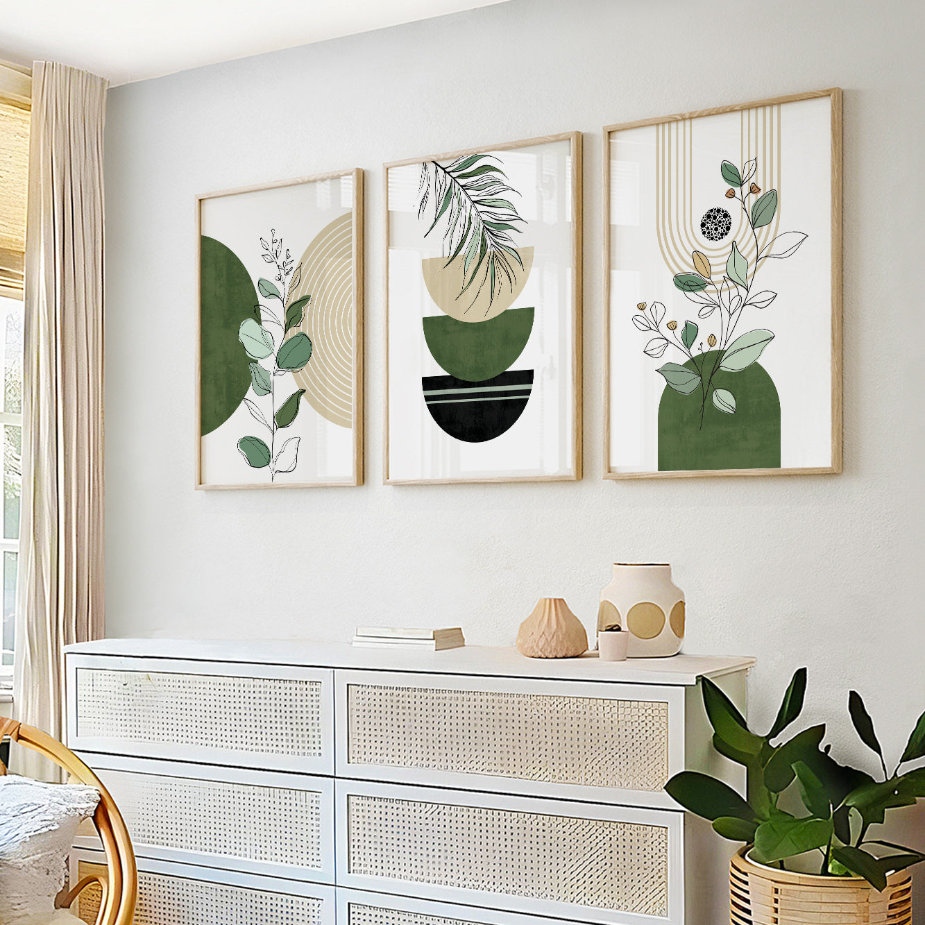 Green black boho wall art set of 3 prints. Mid century modern room decor aesthetic boho large gallery wall set poster.