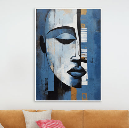 Modern abstract painting print – navy blue and grey tones, contemporary African American woman art